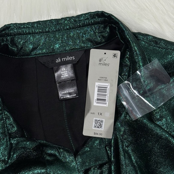 Ali Miles Women's Size 1X Green Shimmer Wired Collar Button Up Tunic‎ Top Shirt - Picture 6 of 9